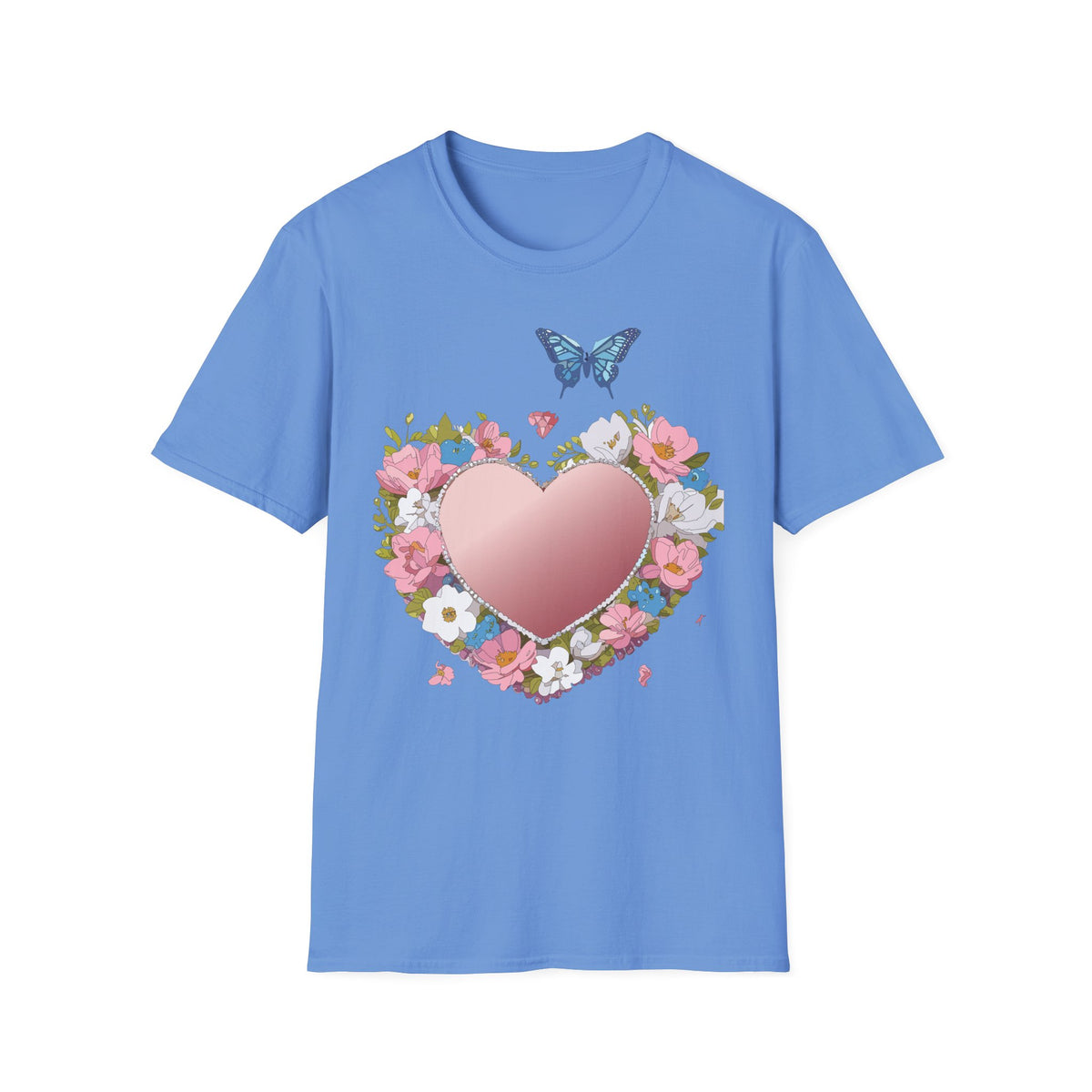 Floral Heart with Blue Butterfly T-Shirt | Pink Heart Floral Graphic Tee Unisex 100 Cotton Gildan T-Shirt