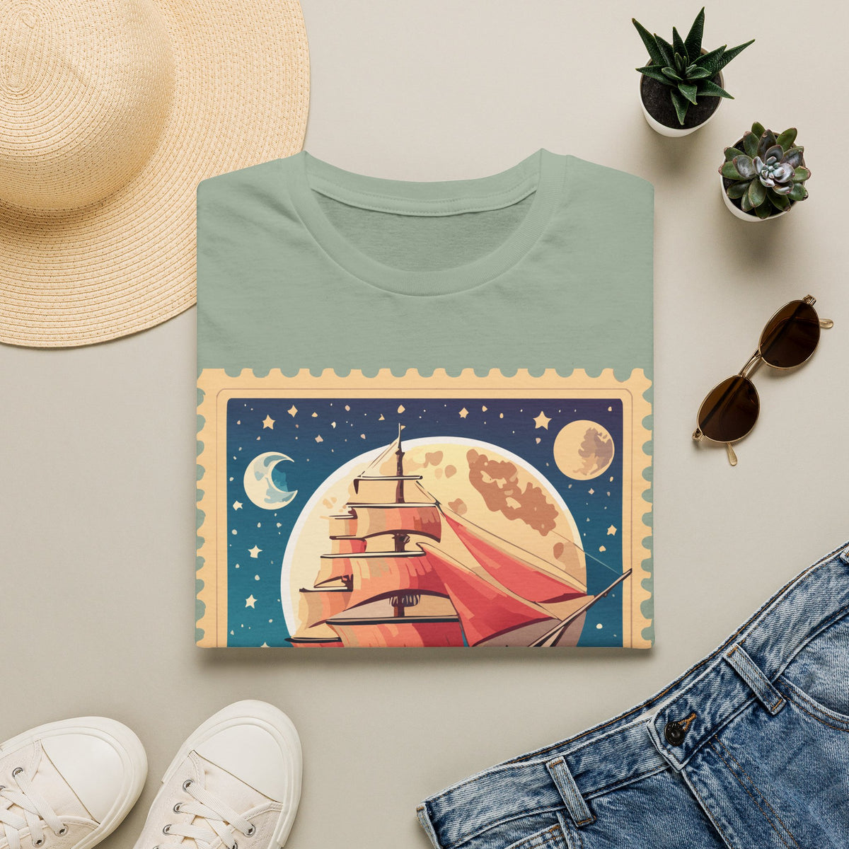 Vintage Sailing Ship Stamp T-Shirt | Moonlit Ocean Illustration