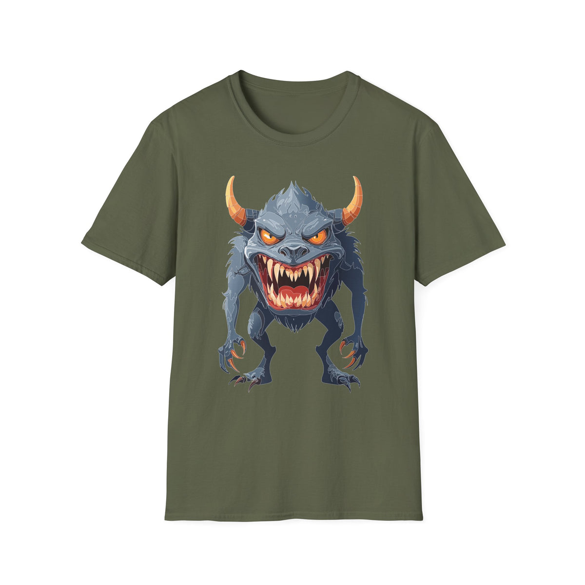 Demonic Monster Graphic T-Shirt — Fierce Horned Creature Cartoon Graphic Tee Unisex 100 Cotton Gildan T-Shirt