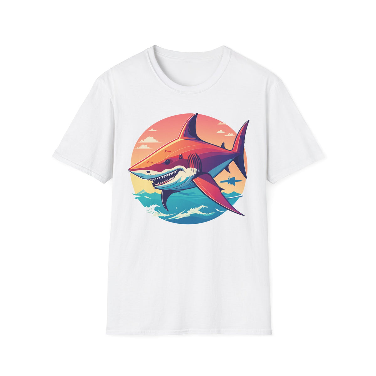 Sunset Shark Graphic T-Shirt | Retro Ocean Illustration