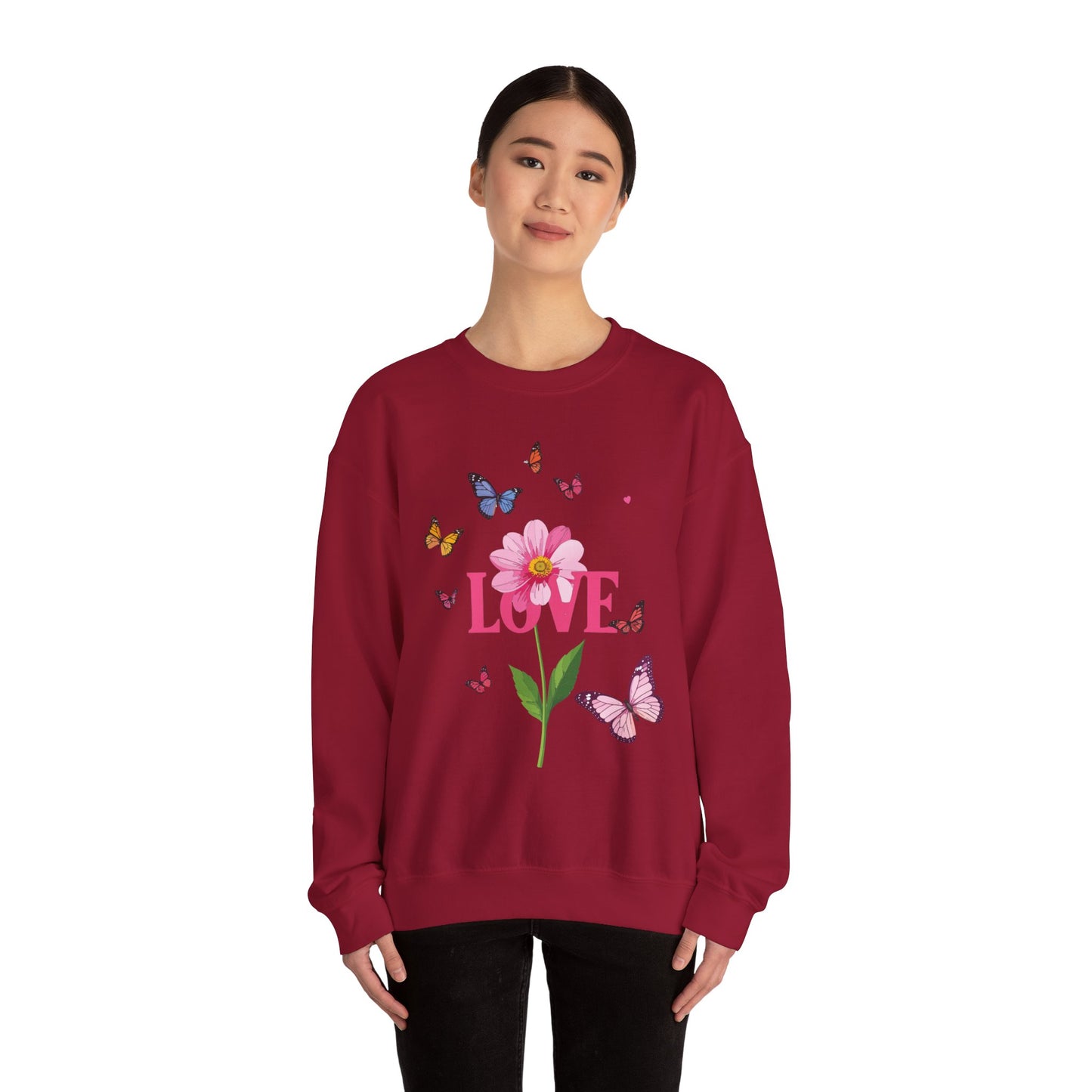 Unisex Floral Love Sweatshirt, Love Floral Sweatshirt, Floral Butterfly Sweatshirt, 50/50 Cotton-Poly Valentine's Day Sweatshirt 01