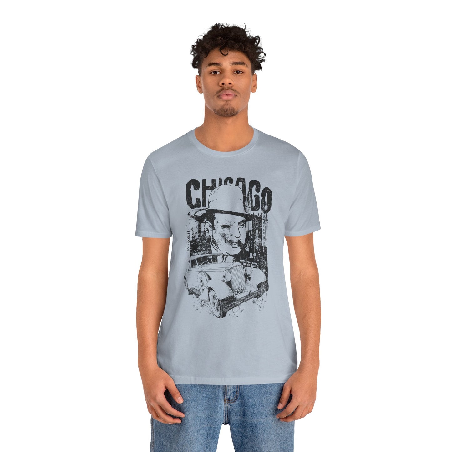 Chicago Retro Mobster Illustration Tee Vintage Car Cityscape Art Design T-Shirt A-8