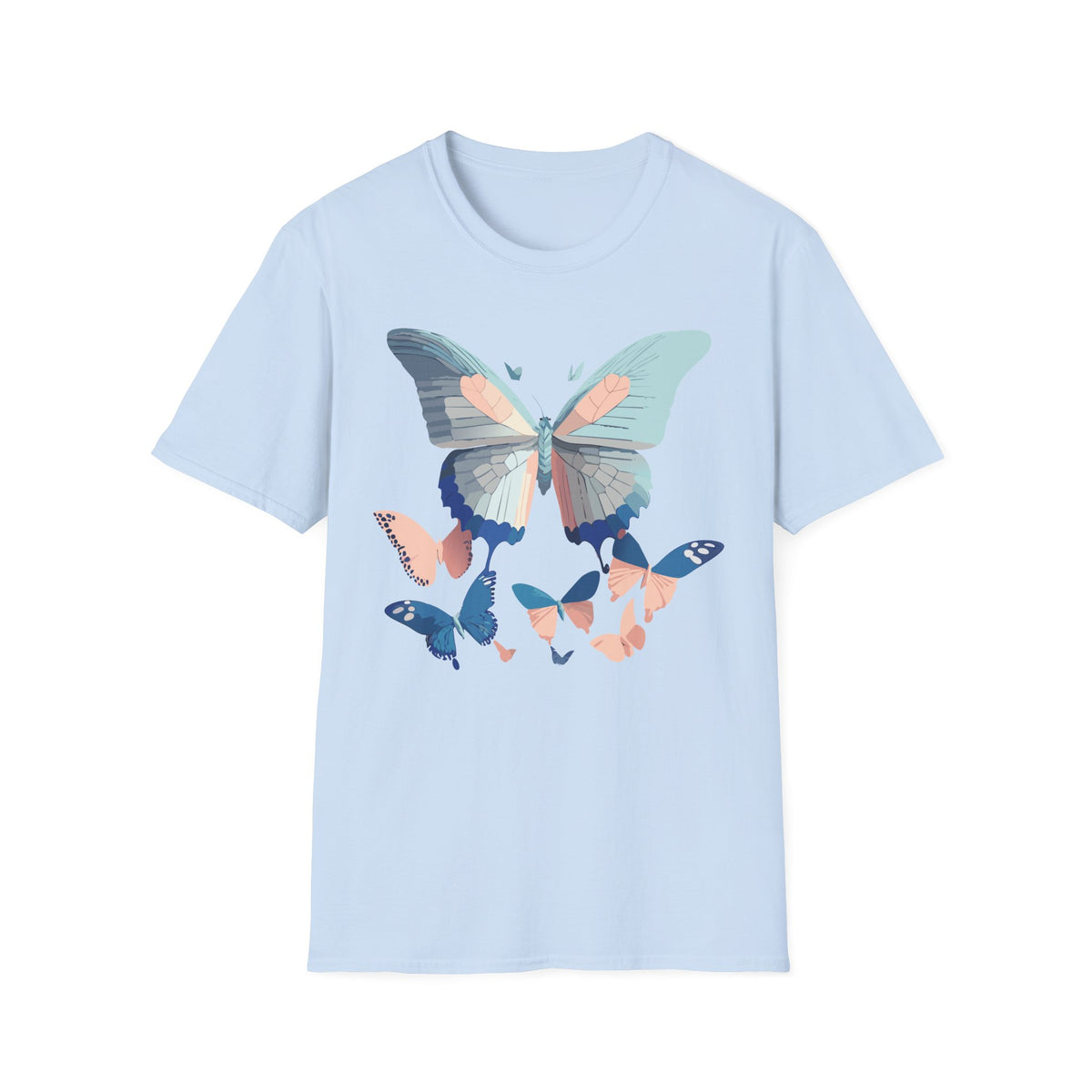 Butterfly Trio T‑Shirt — Pastel Blue & Peach Butterfly Graphic Design Unisex 100 Cotton Gildan T-Shirt