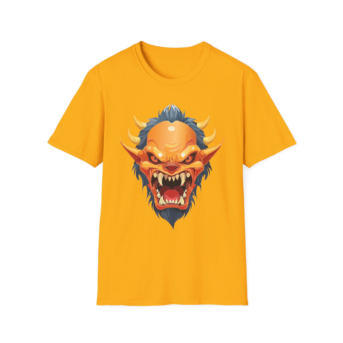 Demonic Oni Mask T-Shirt — Fierce Japanese Demon Face Cartoon Graphic Tee Unisex 100 Cotton Gildan T-Shirt