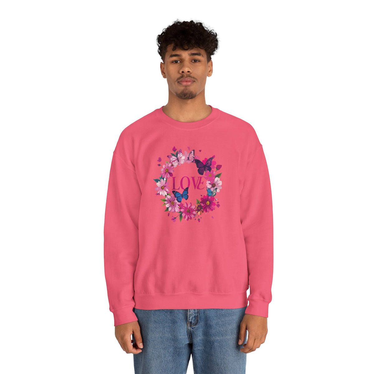 Unisex Floral Love Sweatshirt, Love Floral Sweatshirt, Floral Butterfly Sweatshirt, 50/50 Cotton-Poly Valentine's Day Sweatshirt 04