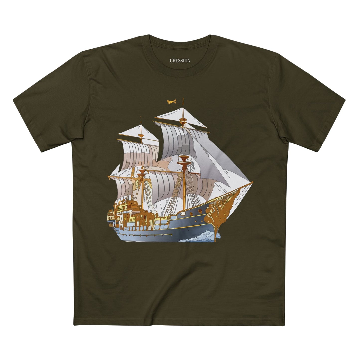 Ship Graphic Unisex 100 Cotton T-Shirt with Gold Frigate Art Design 13