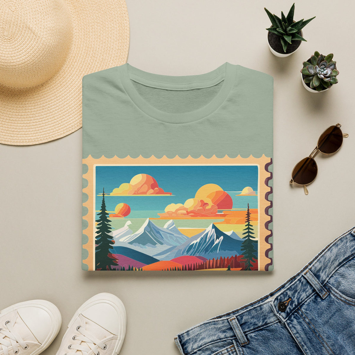 Vintage Mountain Landscape T-Shirt | Scenic Stamp Illustration