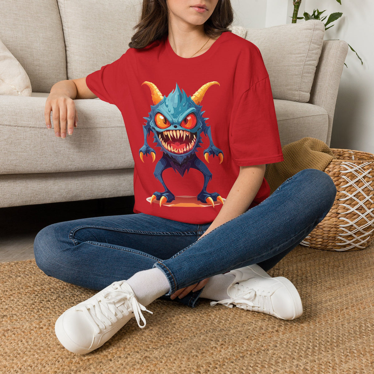 Monster Graphic T-Shirt — Cute Scary Blue Demon Tee for Halloween & Gamer Fans Cartoon Graphic Tee Unisex 100 Cotton Gildan T-Shirt