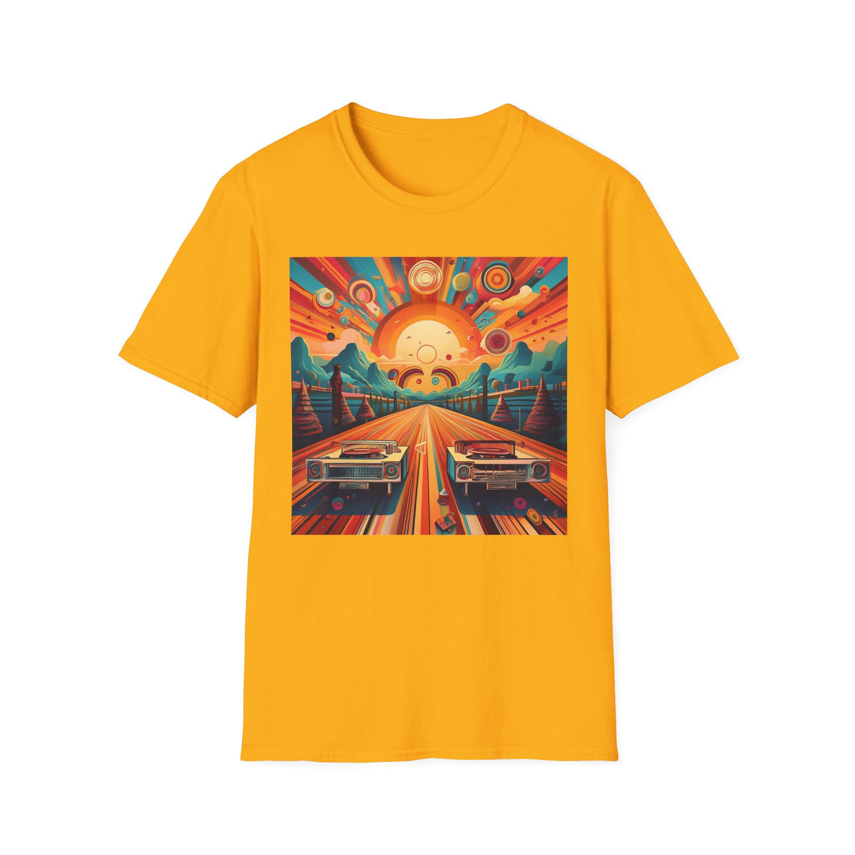 Retro Sunburst Road Trip Graphic Posters, Post Stamps Design Unisex 100 Cotton Gildan T-Shirt