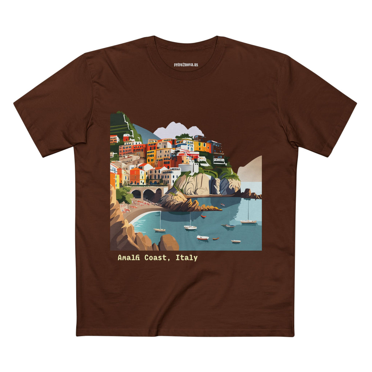 Amalfi Coast Italy illustration T-Shirt | Coastal village, sailboats, seaside print