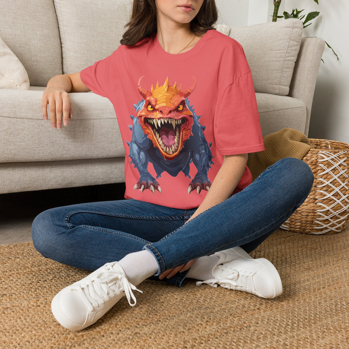Dragon Monster T-Shirt — Fierce Orange & Blue Fantasy Creature Cartoon Graphic Tee Unisex 100 Cotton Gildan T-Shirt