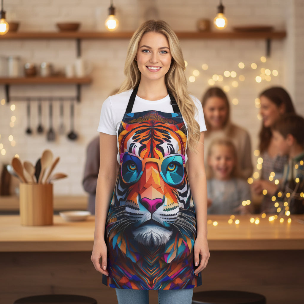 Colorful Tiger Art Apron — Vibrant Sunglasses Tiger Kitchen Apron Stain-Resistant - Art Print Canvas Apron