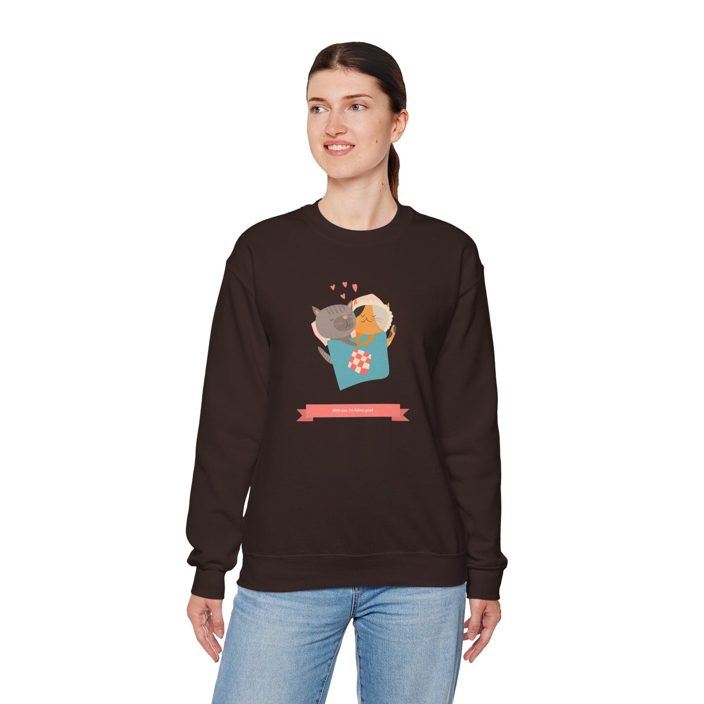 Cat Heart Sweatshirt Unisex Valentines Day 50 50 Cotton Poly Crewneck Gildan 18000