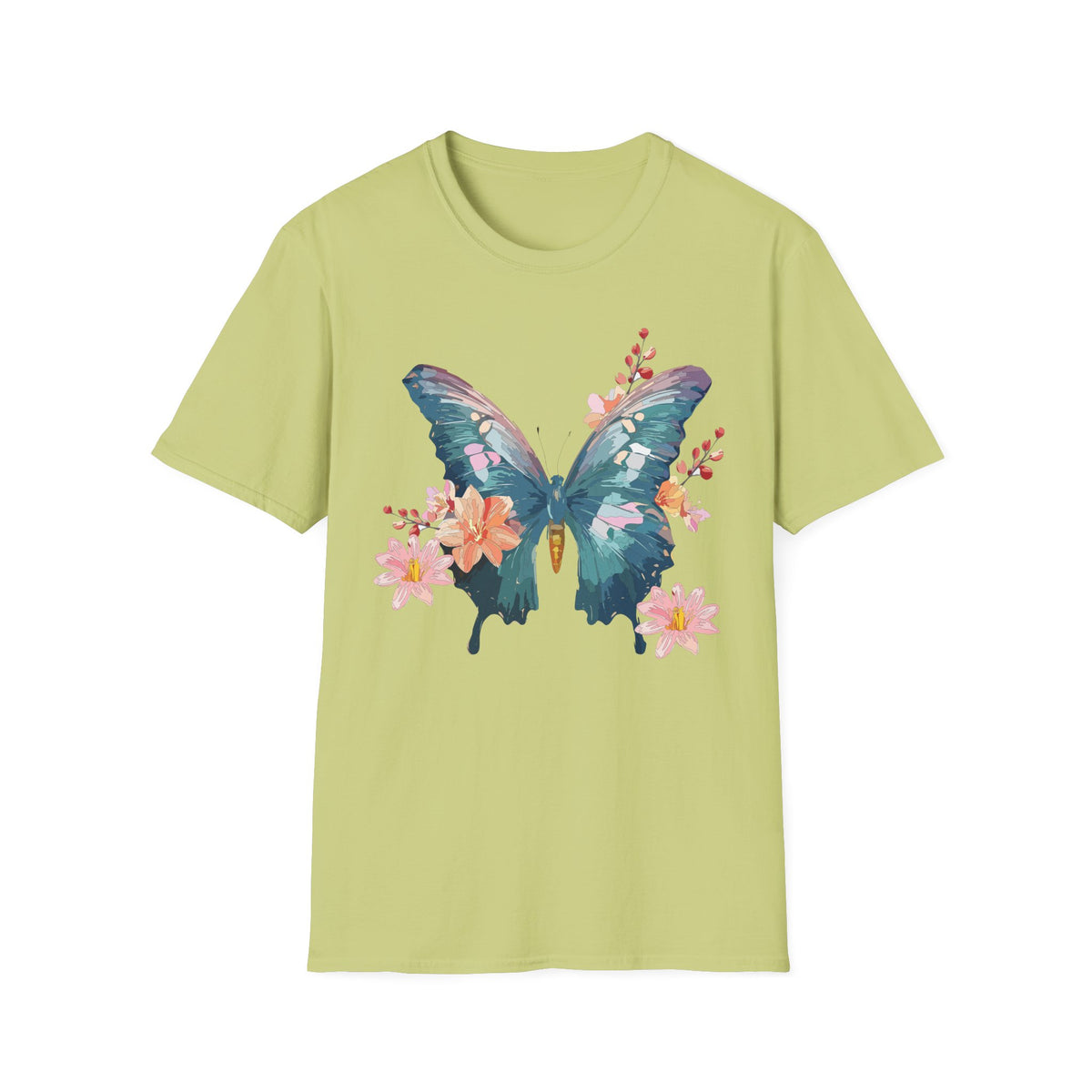 Watercolor Blue Butterfly T-Shirt | Floral Accent Graphic Tee Unisex 100 Cotton Gildan T-Shirt