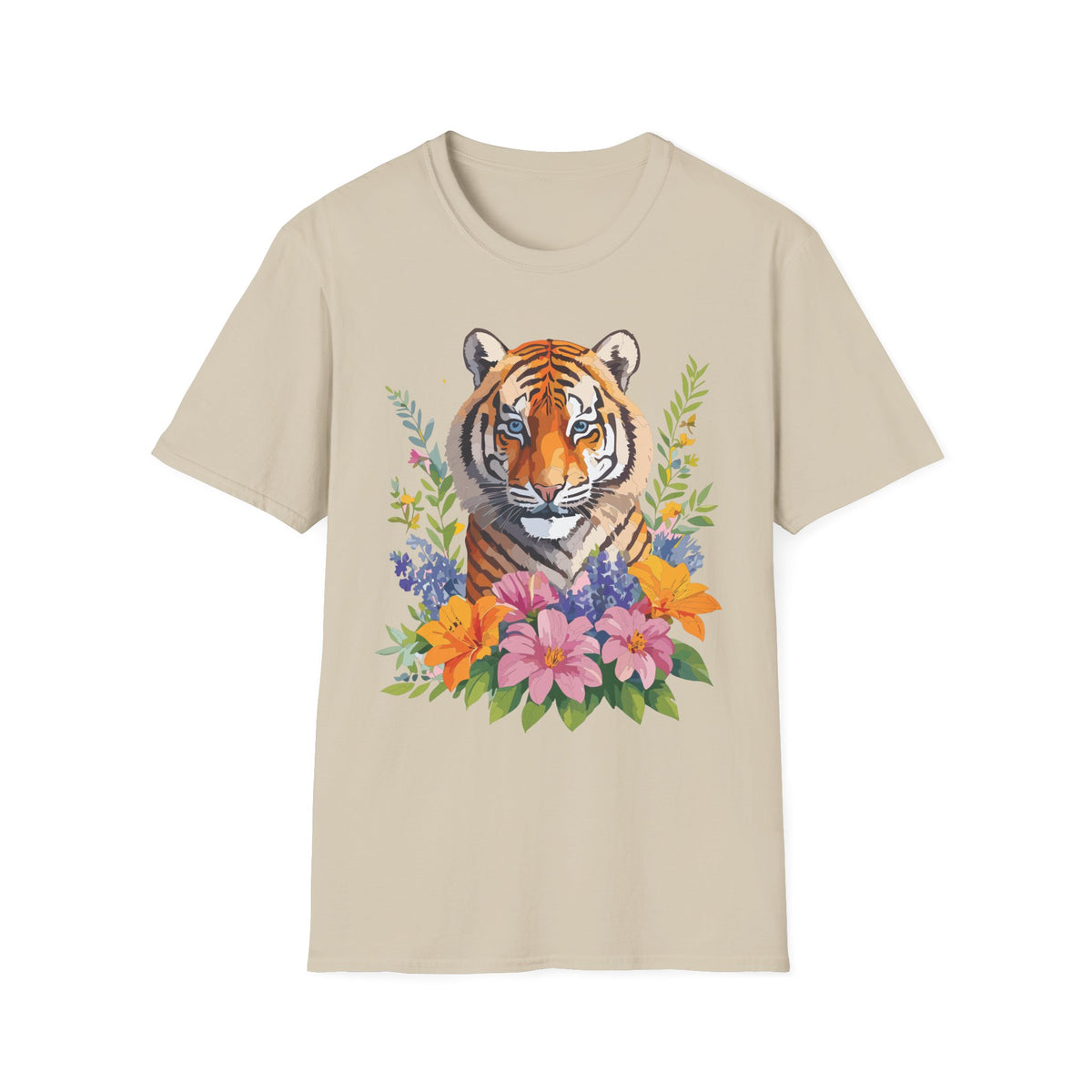 Floral Tiger Illustration T-Shirt | Tiger Face with Flowers