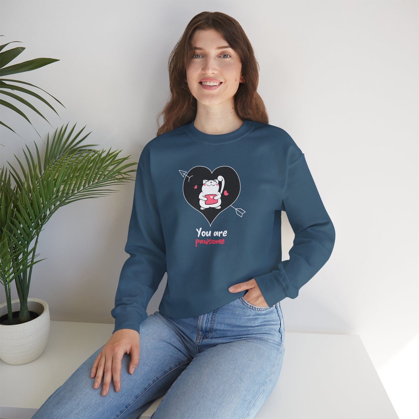 Cat Heart Sweatshirt Unisex Valentines Day Fifty Fifty Cotton Poly Crewneck Gildan 18000