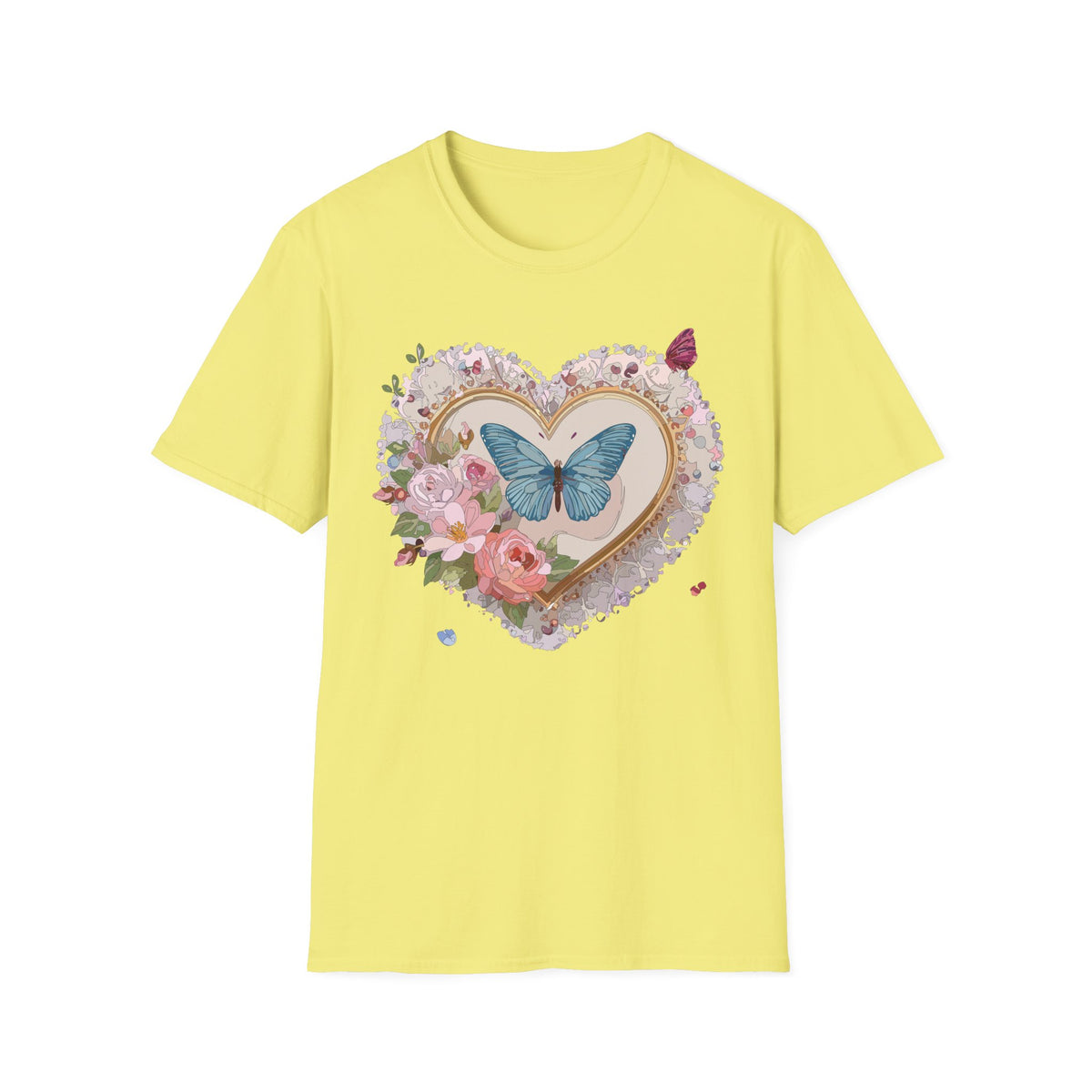 Butterfly Heart T-Shirt — Floral Blue Butterfly Graphic Tee Unisex 100 Cotton Gildan T-Shirt