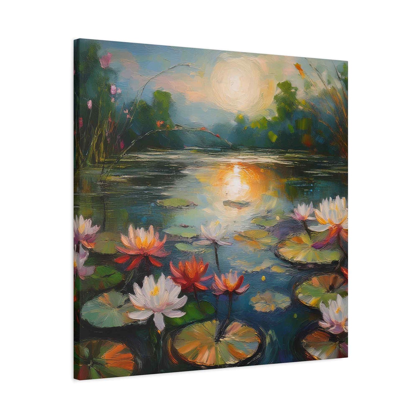 Water Lilies Print Canvas, Oil Paint Print 20x20, 24x24, 30x30, 32x32, 36x36 Floral Art Print Pine-Wood Inner Frame MC-66