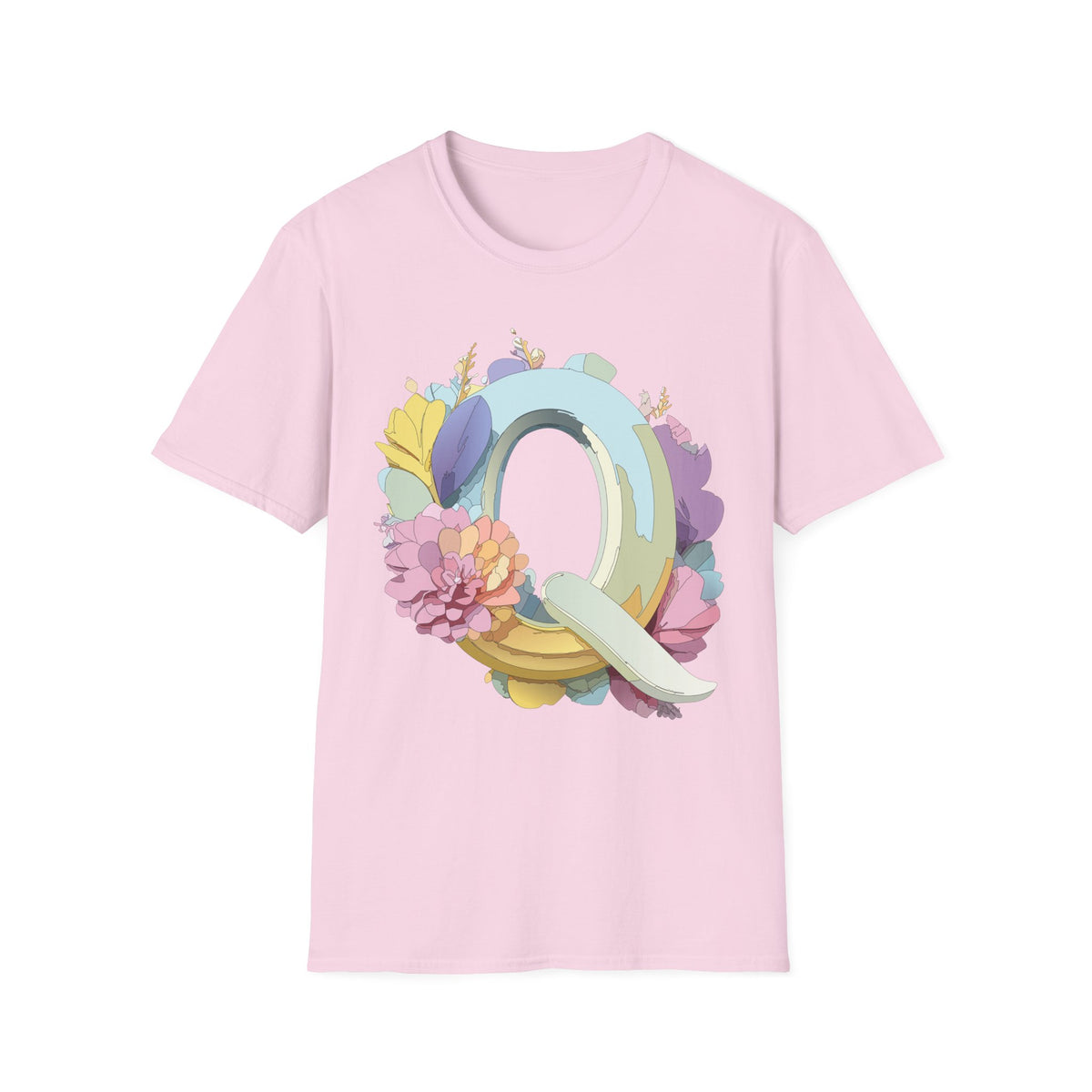 Floral Letter Q T-Shirt | Pastel Monogram Tee, Botanical Initial Shirt