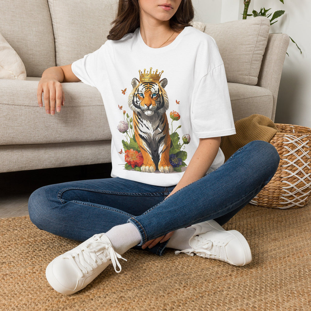 Crowned Tiger Illustration T-Shirt | Royal Wildlife Art - Unisex 100 Cotton Gildan 64000