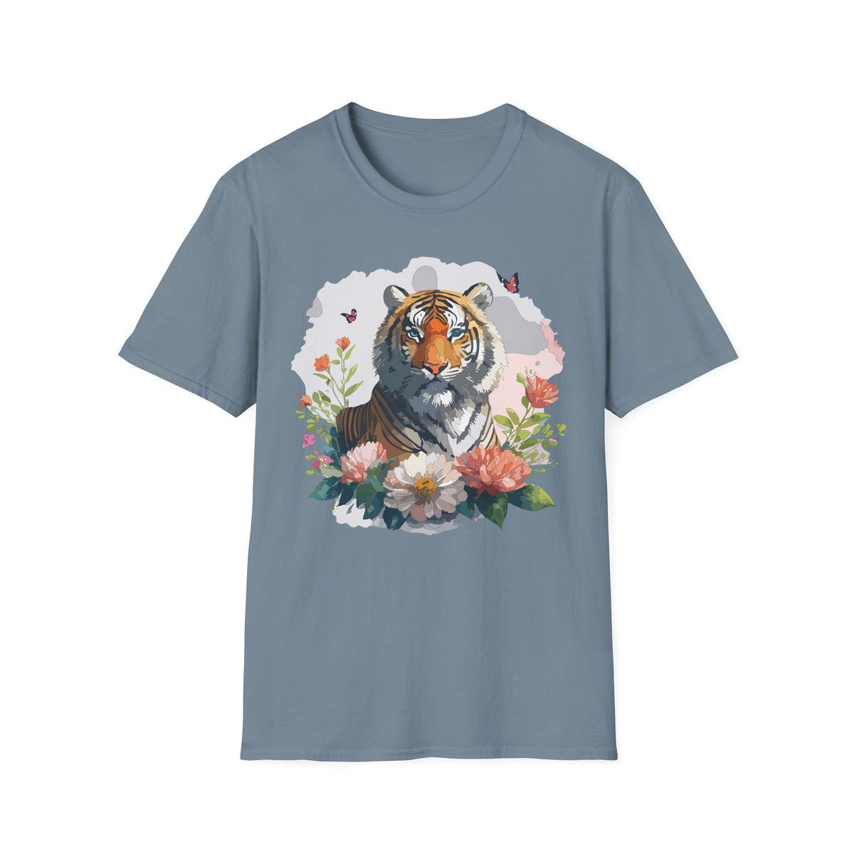 Floral Tiger Illustration T-Shirt | Tiger Portrait Tee, Butterfly Accents