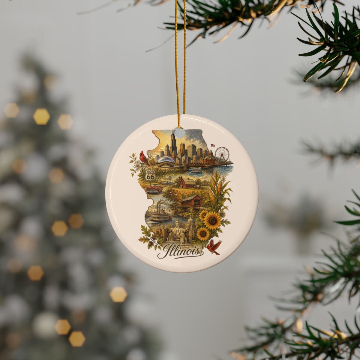 Illinois state map collage Ornament | Ceramic round double-sided, Chicago skyline, sunflowers - 2.99" Includes Gold String