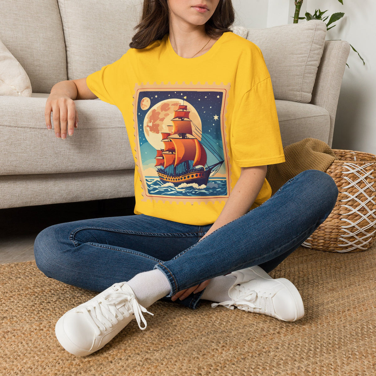 Vintage Sailing Ship T‑Shirt — Nautical Stamp Moonlight Travel Post Graphic Design Unisex 100 Cotton Gildan T-Shirt