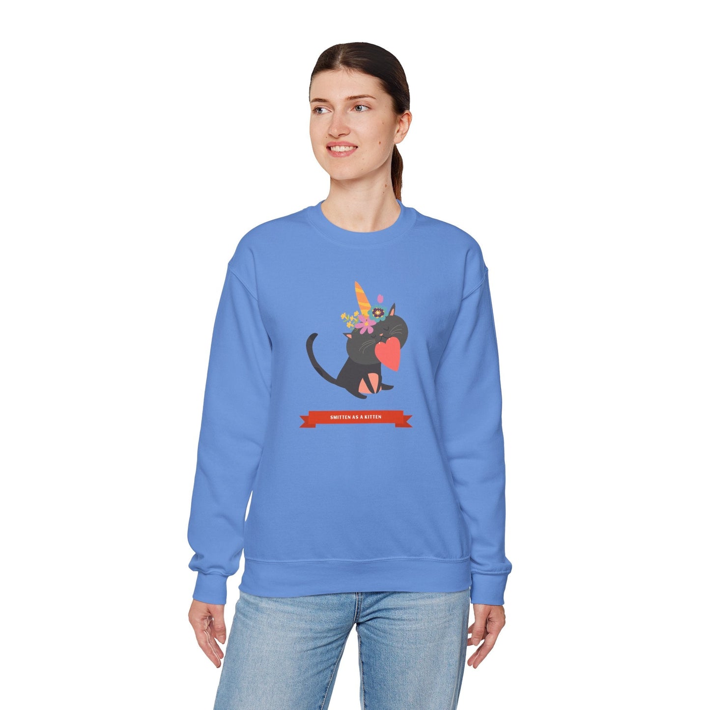 Cat Heart Sweatshirt Unisex Valentine Gift 50/50 Cotton-Poly Crewneck Gildan 18000