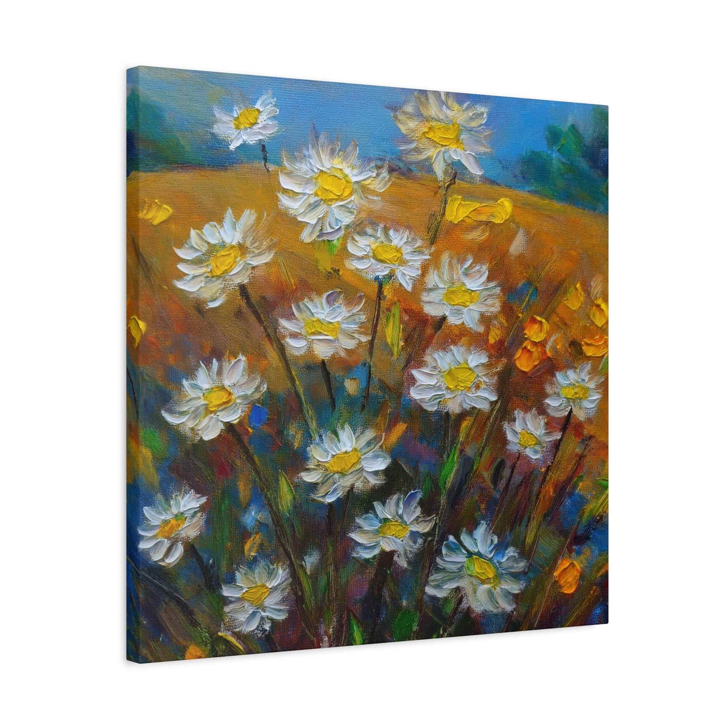 White Daisies Print Canvas, Floral Oil Paint Print 20x20, 24x24, 30x30, 32x32, 36x36 Art Design Pine-Wood Inner Frame MC-126