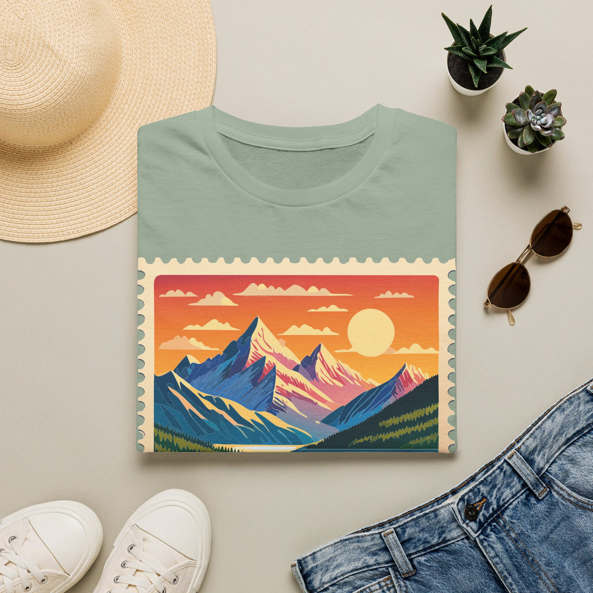 Sunset Mountain Landscape T-Shirt | Vintage Stamp Style