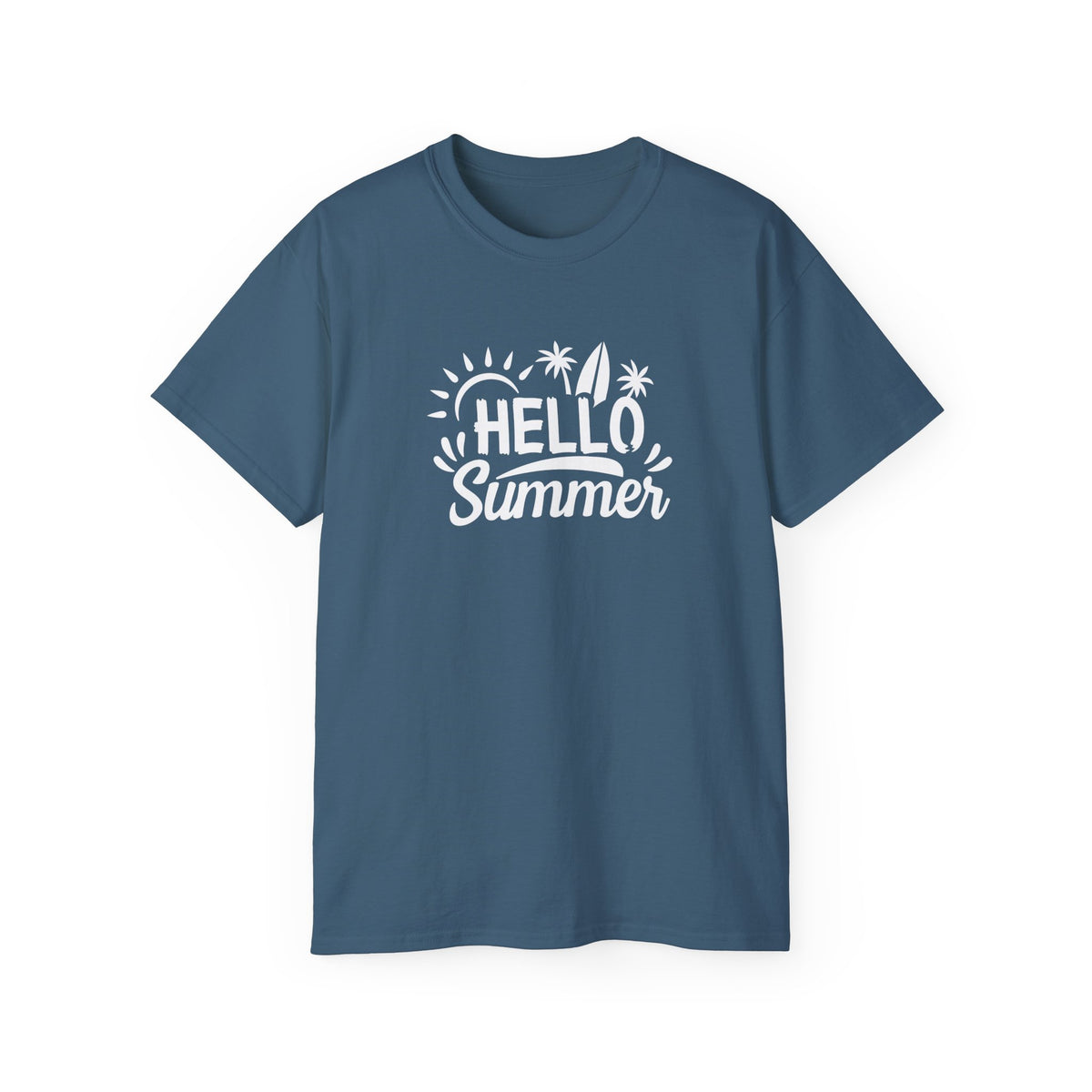 Hello Summer surfboard palm trees T-Shirt | Summer beach graphic tee