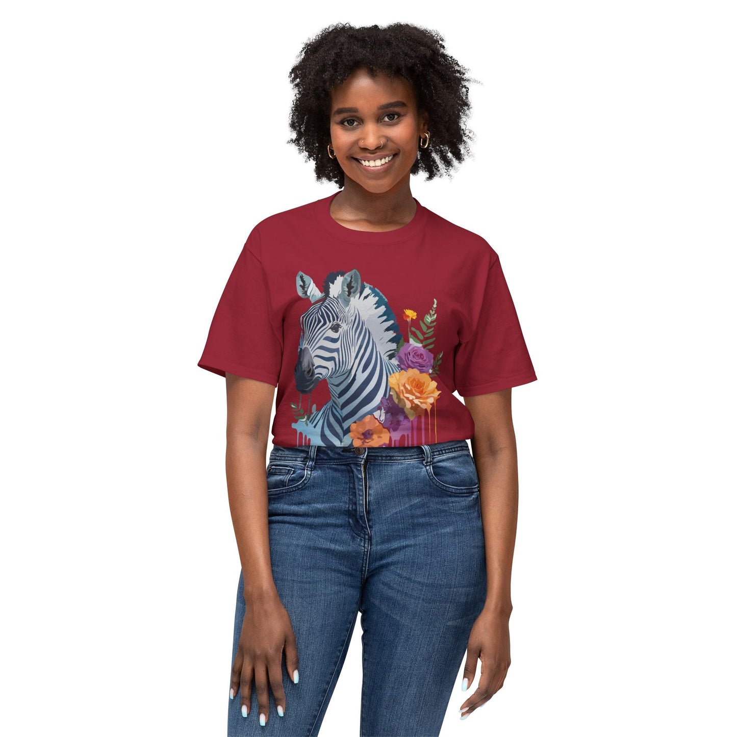 Unisex Zebra T Shirt With Floral Art Print Premium HD Cotton Jersey Tee Made In USA