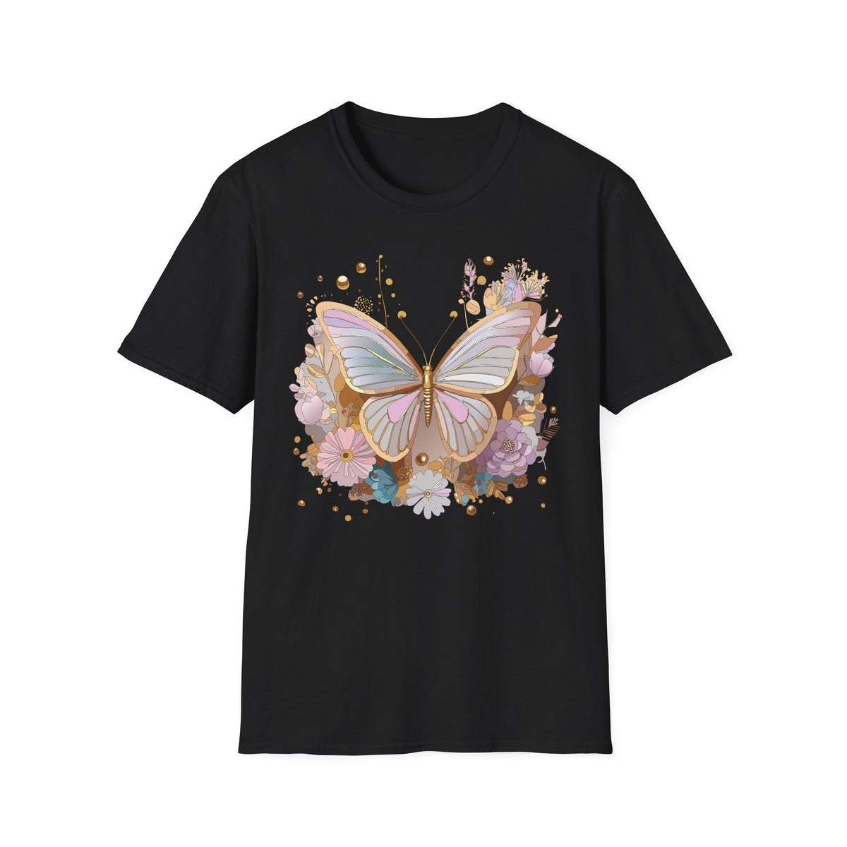 Pastel Butterfly Floral T-Shirt — Gold Accent Butterfly Graphic Design Unisex 100 Cotton Gildan T-Shirt