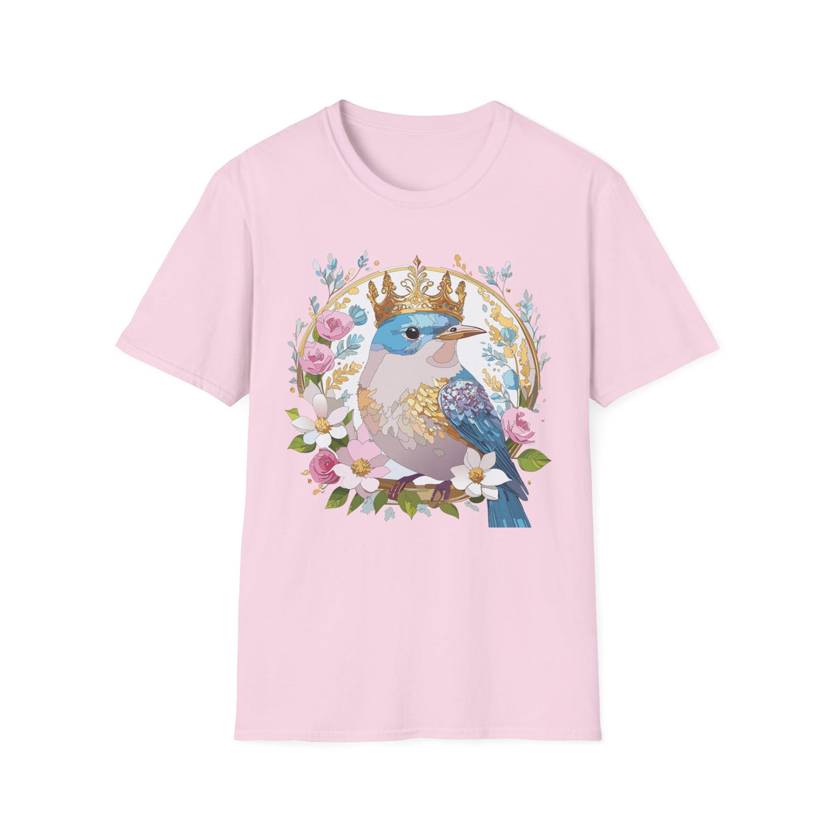 Crowned Bluebird with Floral Wreath T-Shirt | Royal Bird Illustration