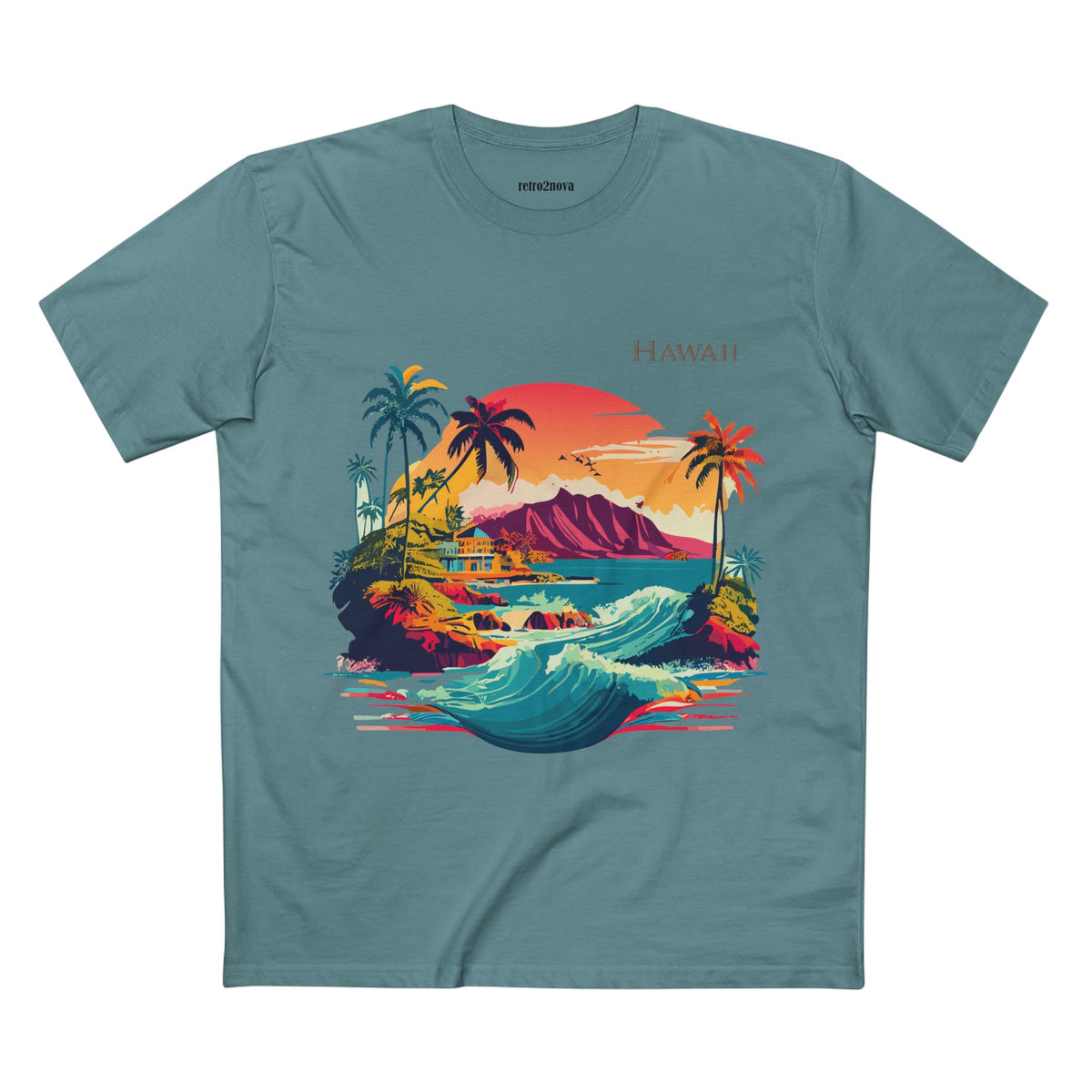 Hawaii Retro Sunset Surf Scene Tee | Palm Trees, Waves, Island Graphic