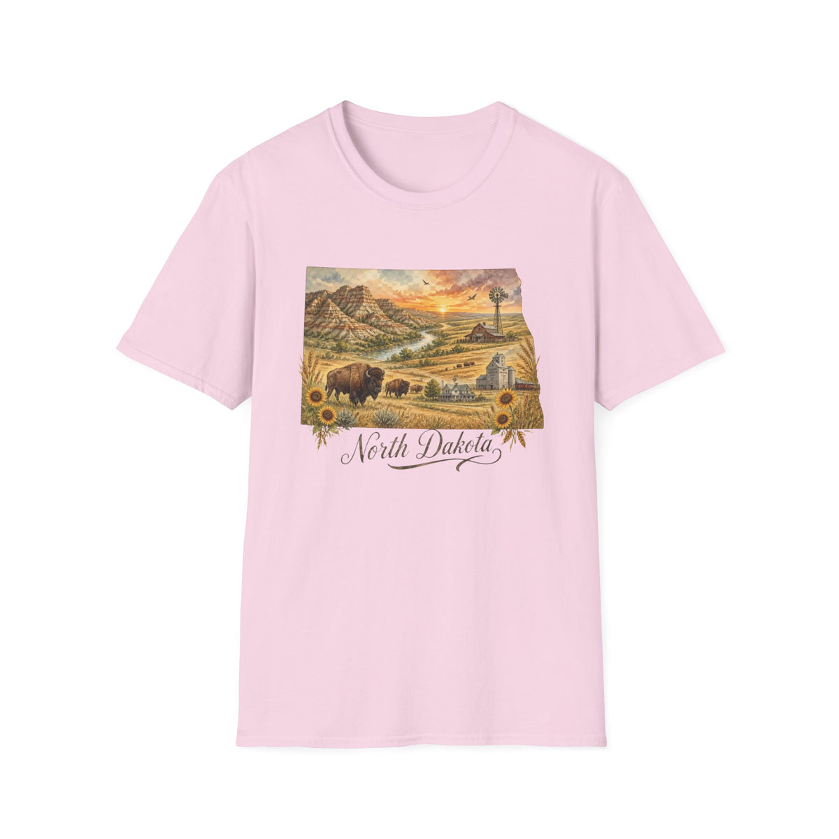 North Dakota State Travel Tourist Graphic Design Unisex 100 Cotton Gildan T-Shirt
