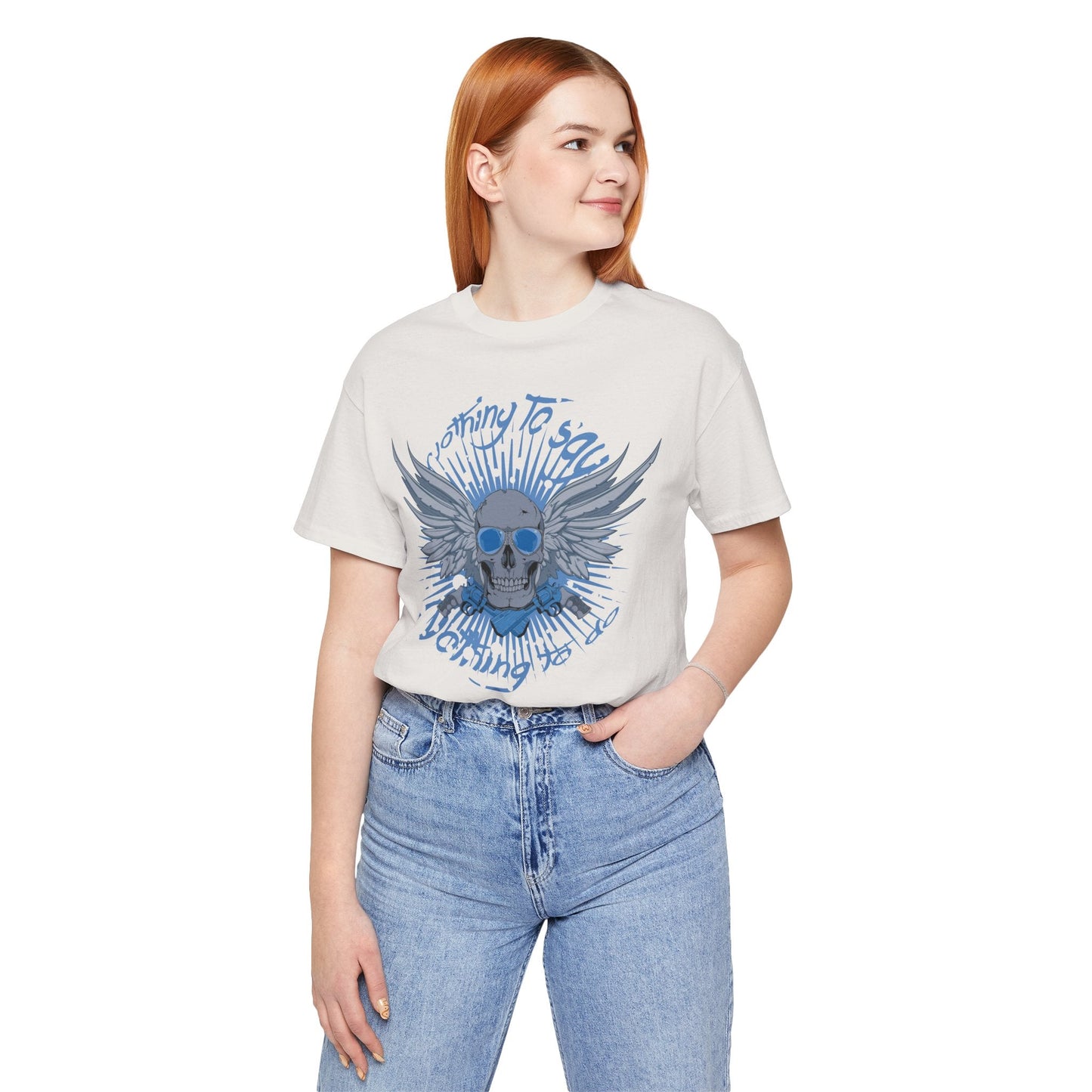 Winged Skull Graphic Tee | Blue Skull with Wings, Radiant Burst