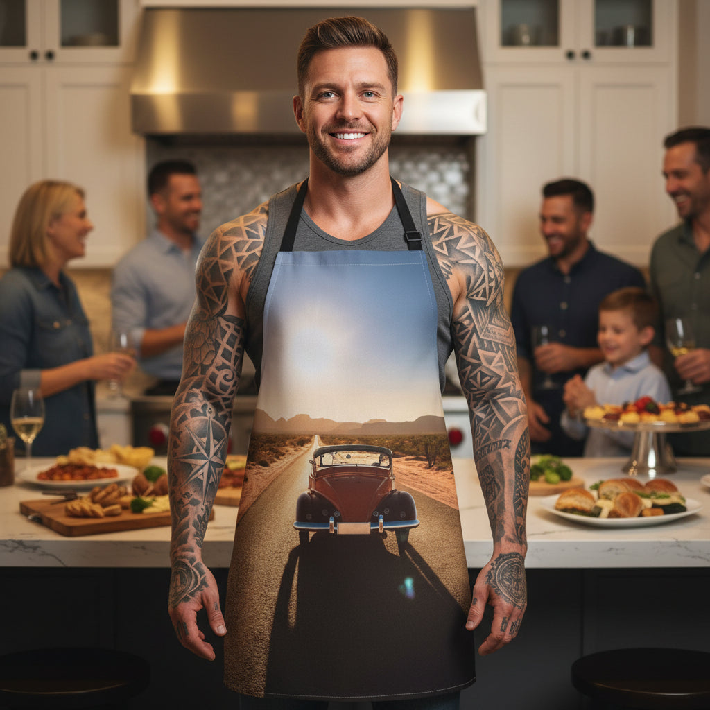 Vintage Roadtrip Apron — Classic Car Sunset Kitchen Apron Stain-Resistant - Art Print Canvas Apron