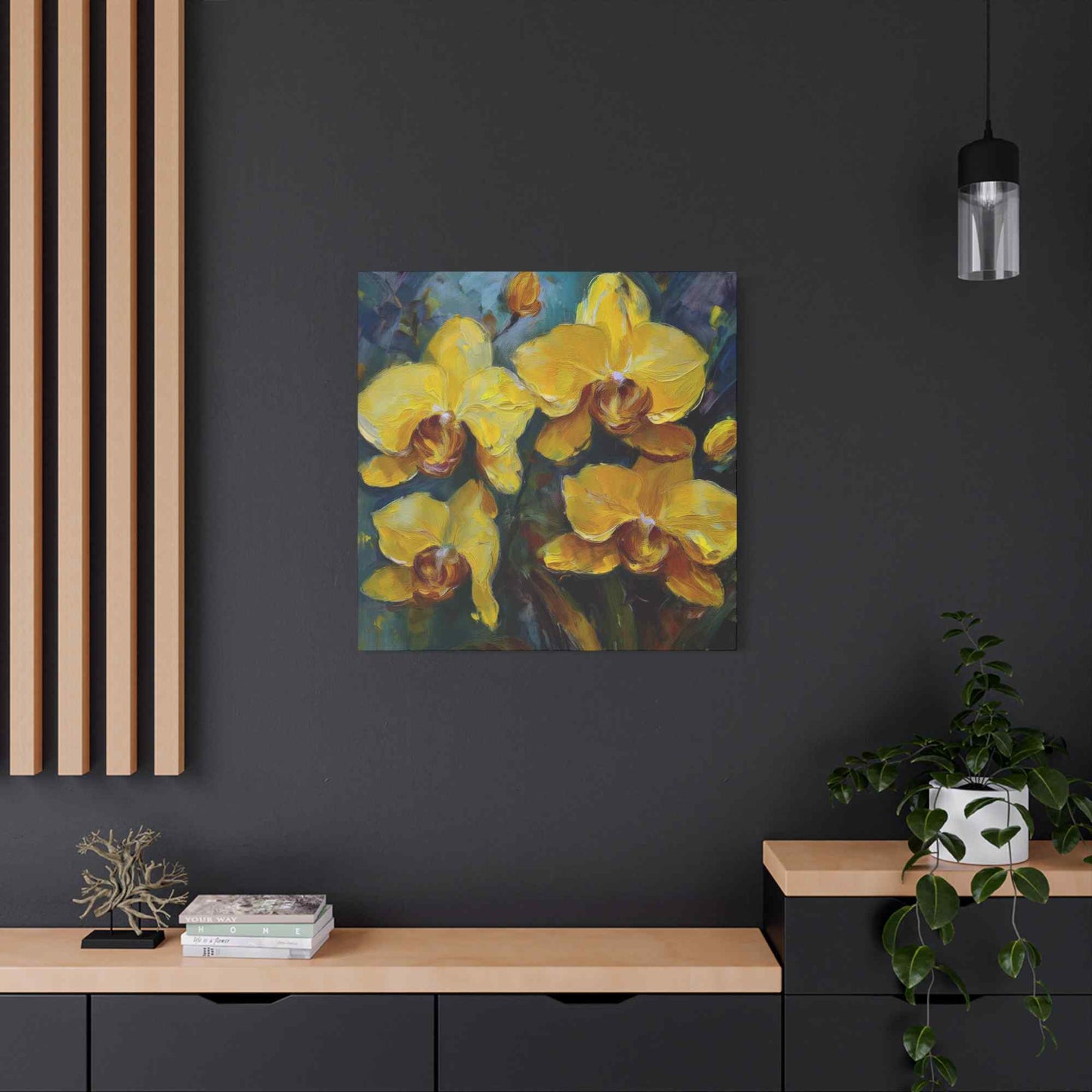 Yellow Orchids Print Canvas, Floral Oil Paint Print 20x20, 24x24, 30x30, 32x32, 36x36 Art Design Pine-Wood Inner Frame MC-138