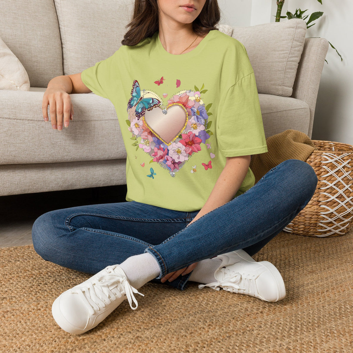 Butterfly Floral Heart Pink Gold Heart with Flowers and Butterflies Graphic Design Unisex 100 Cotton Gildan T-Shirt