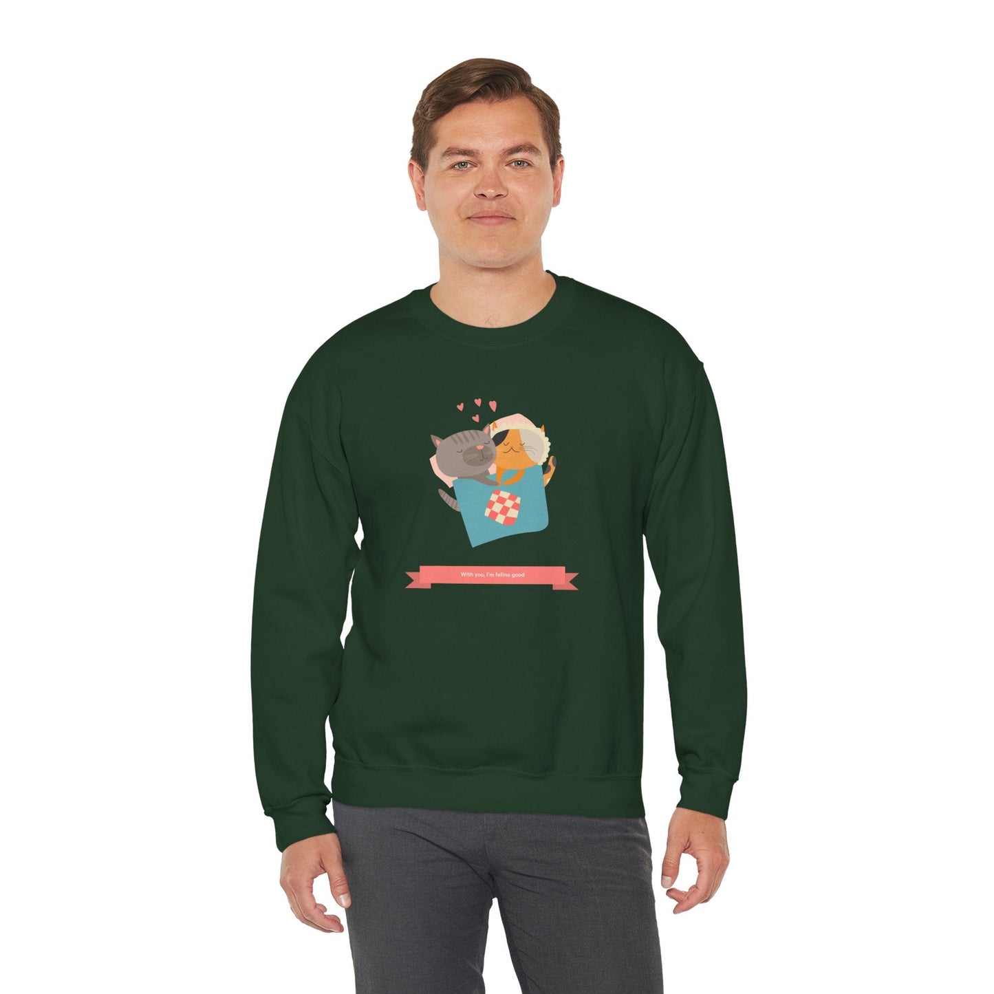 Cat Heart Sweatshirt Unisex Valentines Day 50 50 Cotton Poly Crewneck Gildan 18000