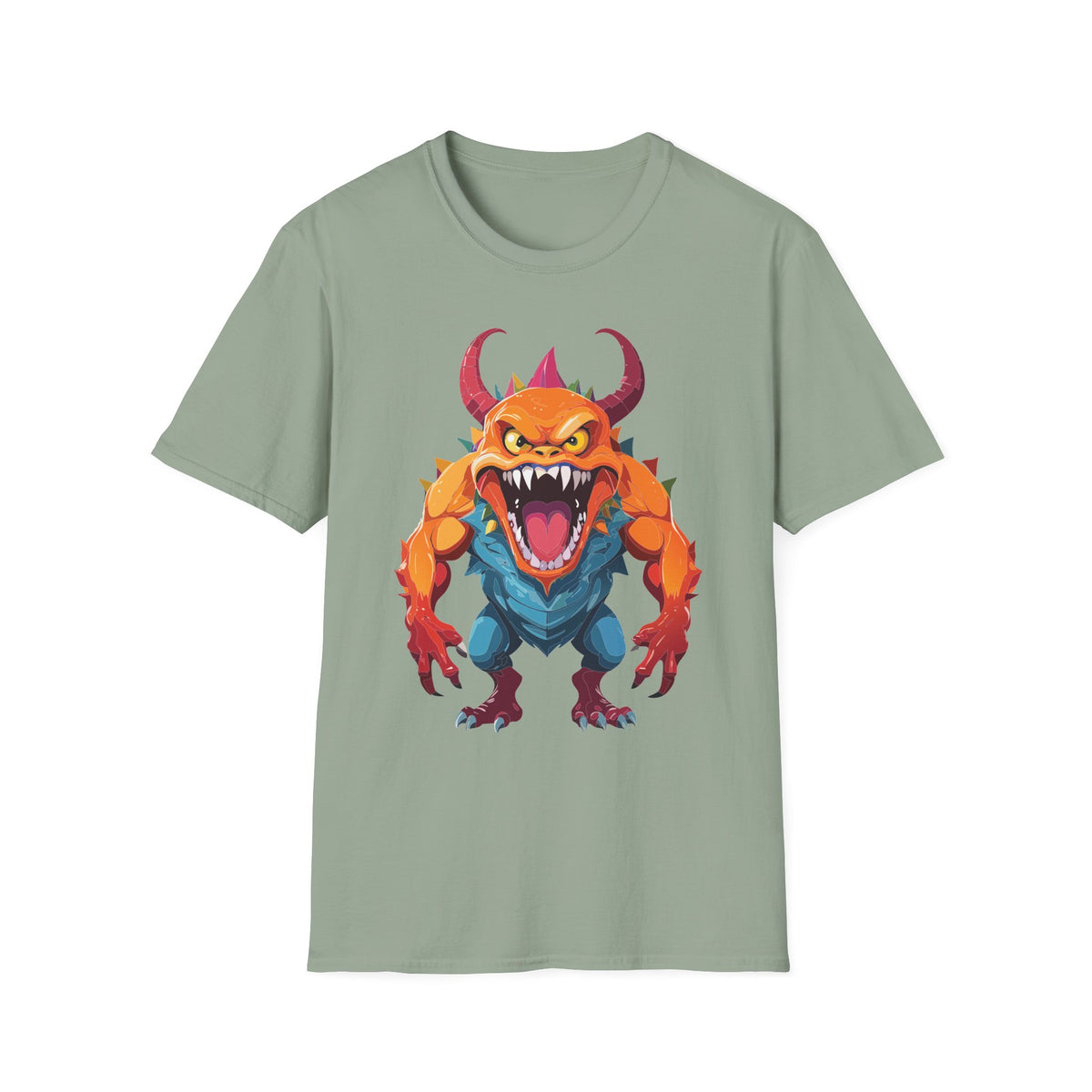 Monster Graphic T-Shirt — Fierce Orange Demon Design Cartoon Graphic Tee Unisex 100 Cotton Gildan T-Shirt