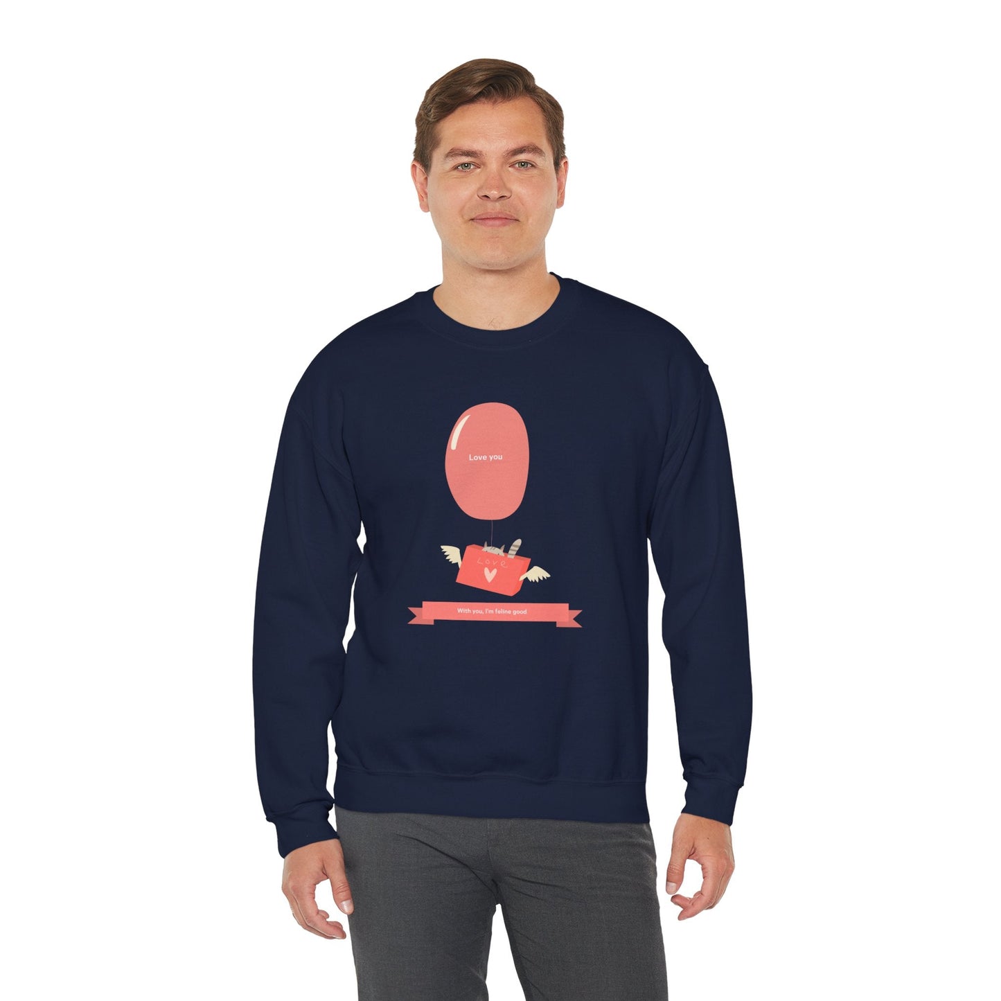 Cat Love Balloon Sweatshirt Unisex Fifty Fifty Cotton Poly Valentine Heavy Blend Crewneck Sweatshirt