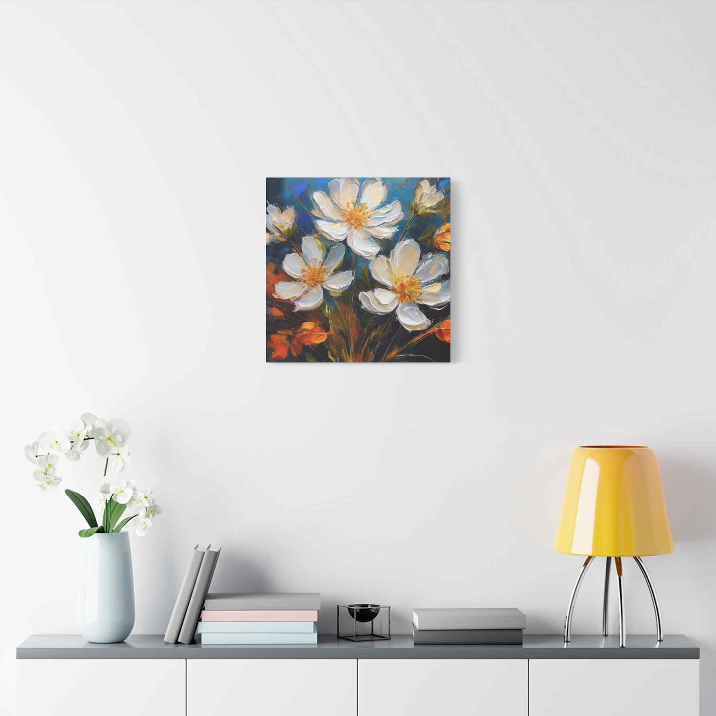 White Flowers Print Canvas, White Flowera Oil Paint Print 20x20, 24x24, 30x30, 32x32, 36x36, Art Design Print Non-Frame MC-6