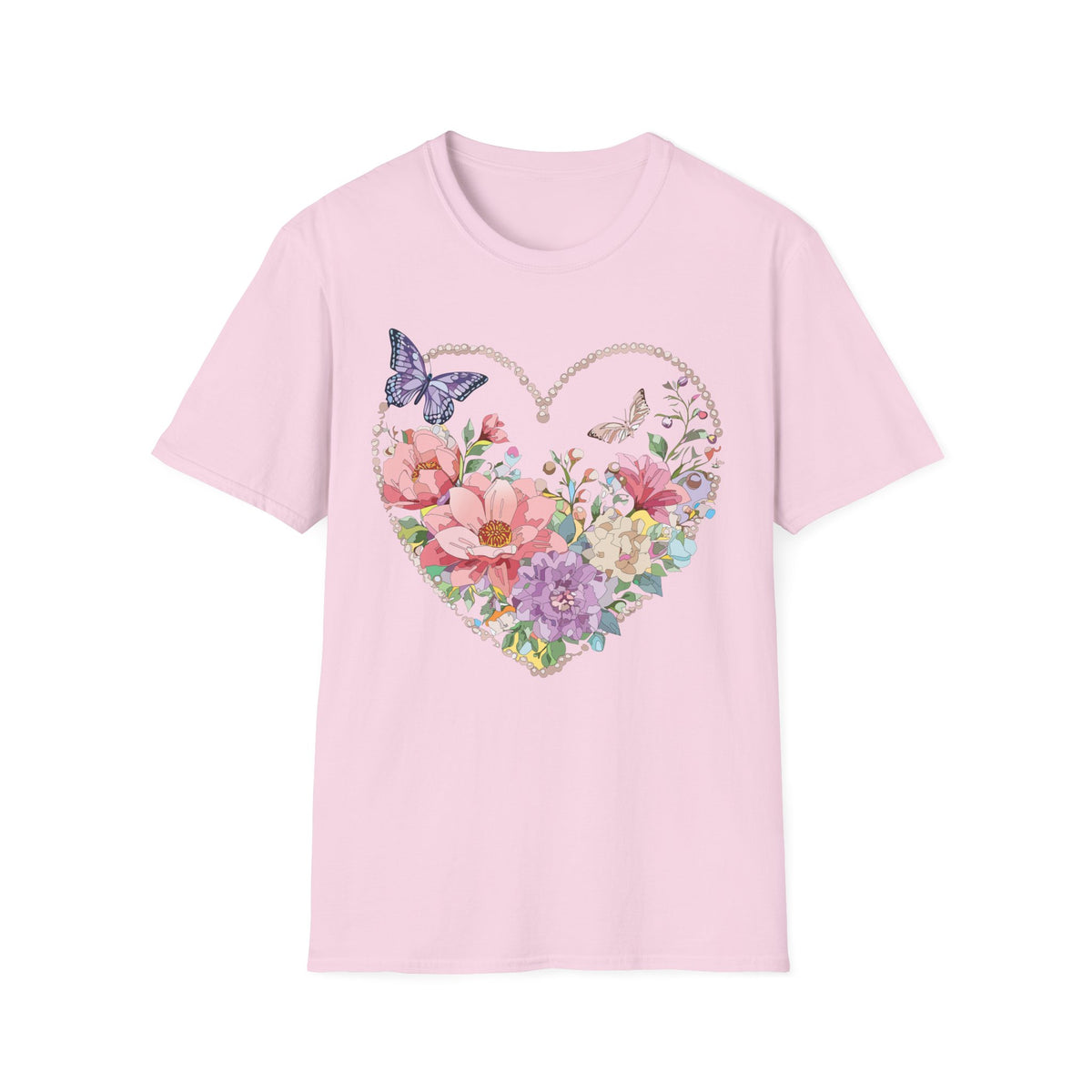 Floral Heart with Butterflies T-Shirt | Romantic Spring Garden Graphic Tee Unisex 100 Cotton Gildan T-Shirt