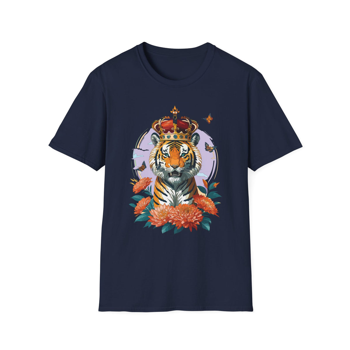 Tiger with Crown T-Shirt | Regal Tiger Artwork, Floral Accents - Unisex 100 Cotton Gildan 64000