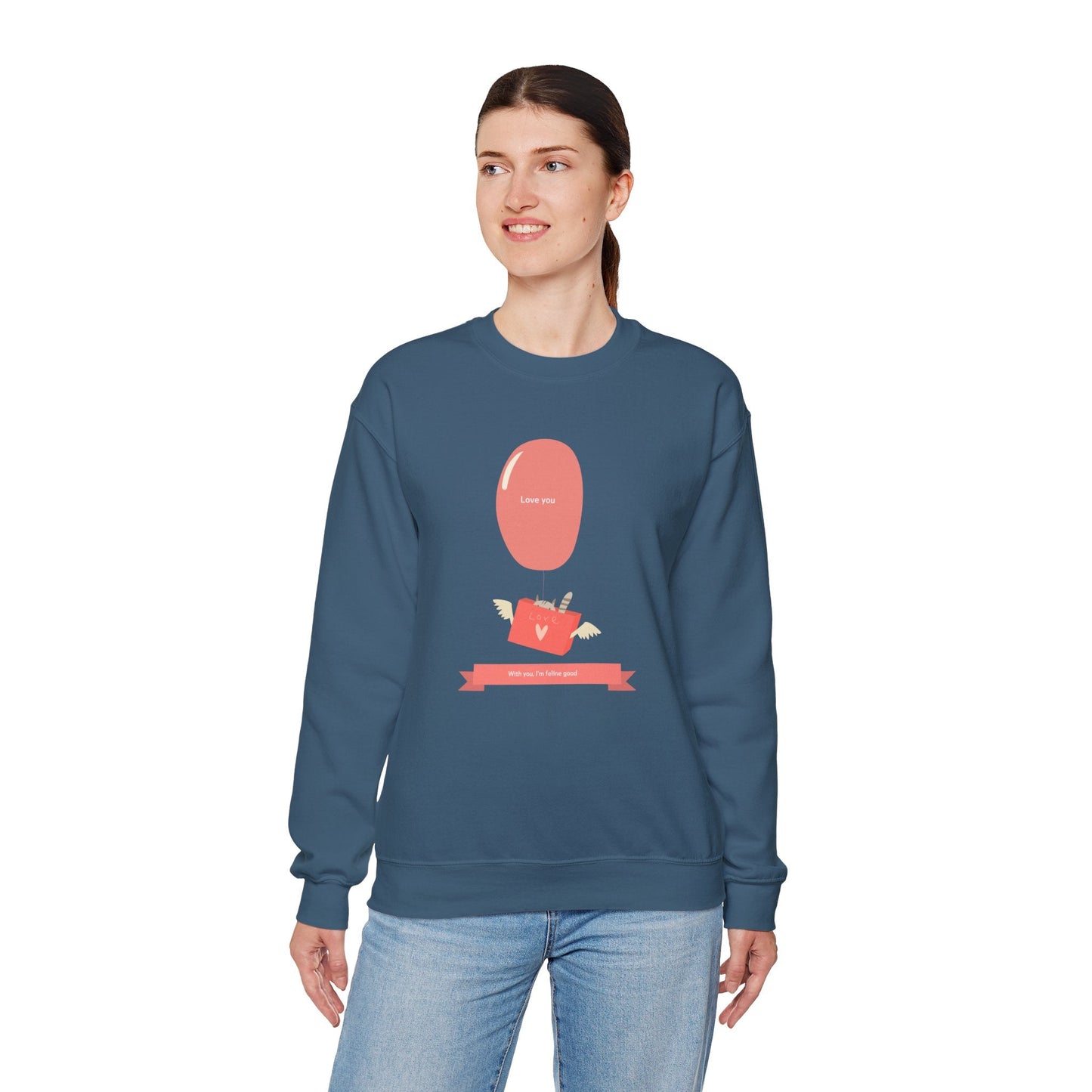 Cat Love Balloon Sweatshirt Unisex Fifty Fifty Cotton Poly Valentine Heavy Blend Crewneck Sweatshirt