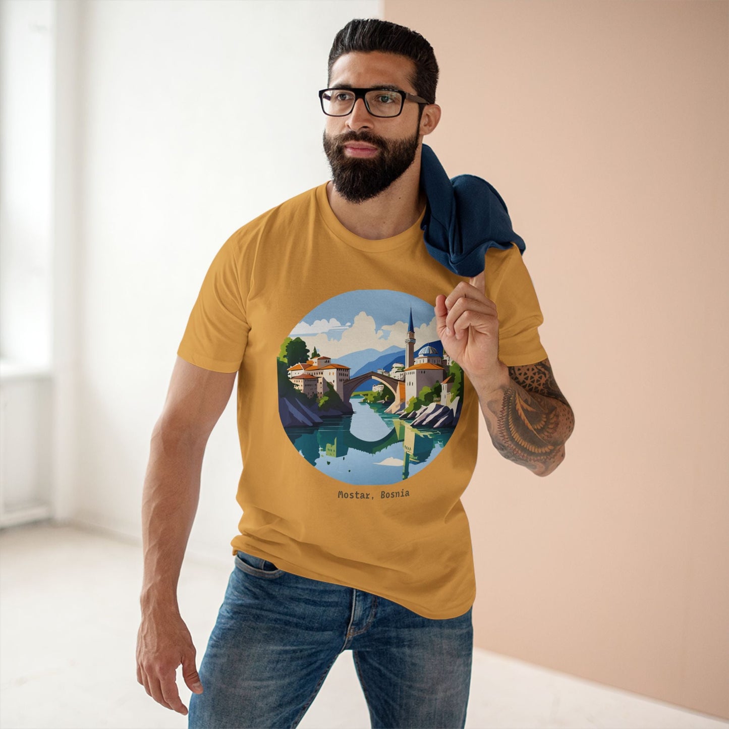 Unisex Premium Cotton Tee With Original Art Design Retro2Nova Travel And Bosnia Theme Shirt