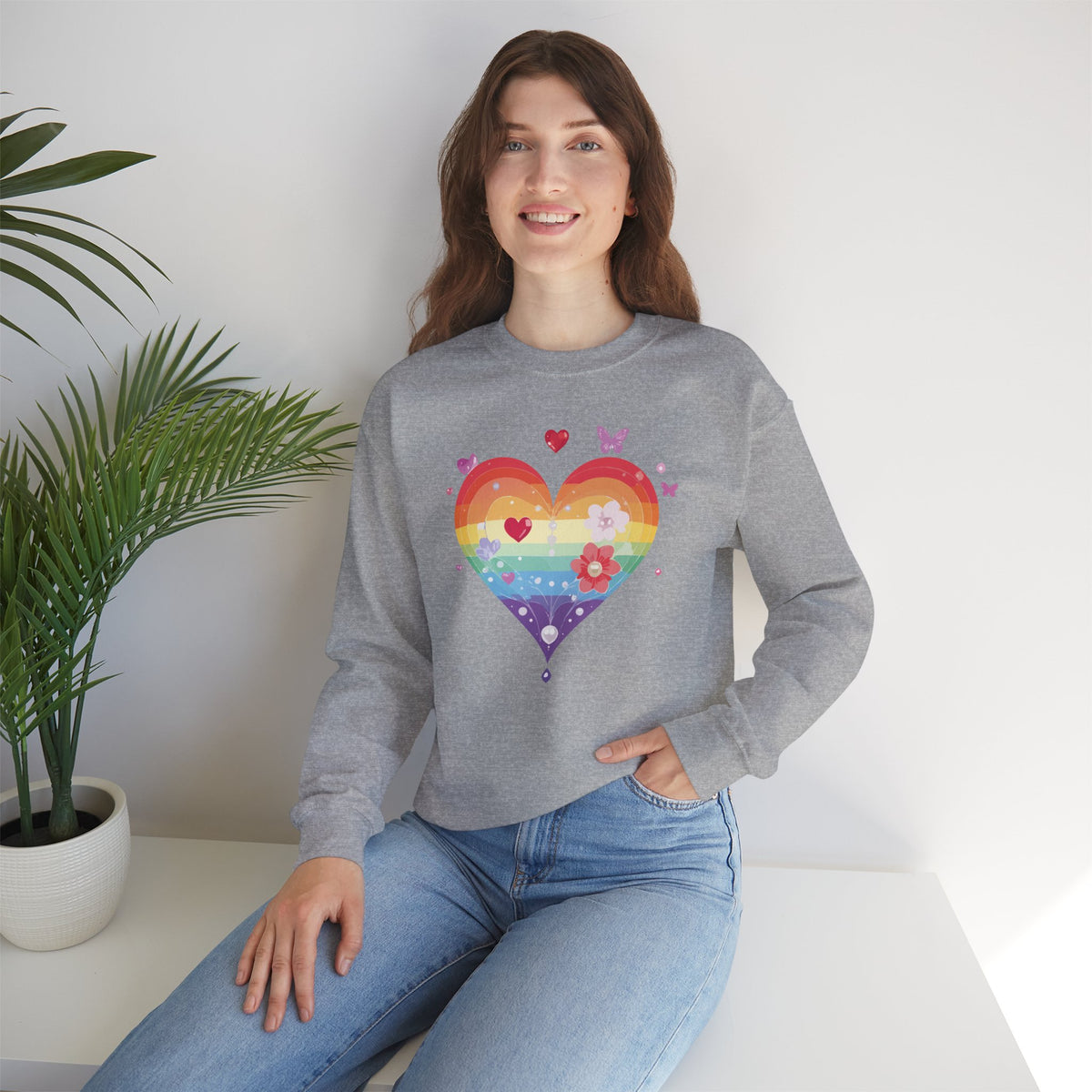 Rainbow Heart Sweatshirt, Floral Heart Sweatshirt, Floral Love Sweatshirt, Valentine's Day Sweatshirt, Rainbow Heart Floral Sweatshirt 115