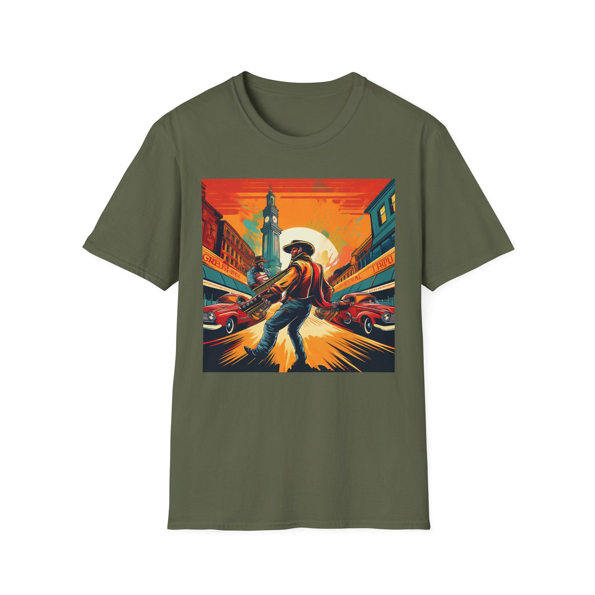 Cowboy Sunset illustration T-Shirt | Western scene, vintage poster Graphic Tee Unisex 100 Cotton Gildan T-Shirt